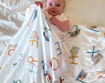 Catholic ABCs  |  Muslin Swaddle Blanket  |  Catholic Christian Baby Blanket