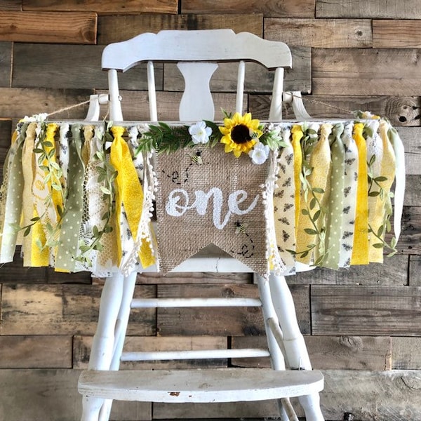 Bee Floral Highchair Banner -Sunflower First Birthday Banner -Wildflower Birthday Party Theme-Tea Party High Chair Banner-Secret Garden Bday