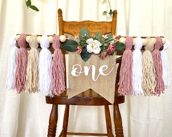 Boho Wildflower Highchair Banner- Pink and White Floral Highchair banner- Wildflower First Birthday theme- She’s a wild one- customizable