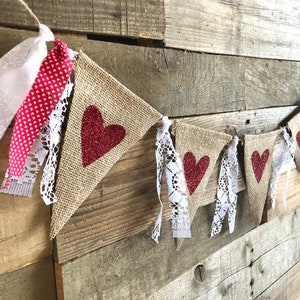 Burlap Valentine Banner - Rag Tie Banner - Red Heart Banner - Rustic Valentine Decor - Burlap Valentine Decor