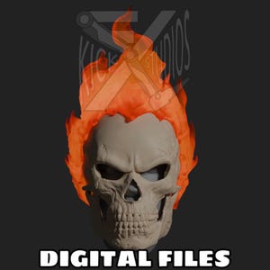 Op de afbeelding: Een 3D-geproduceerde schedel met oranje vlammen die van de bovenkant uitgaan. De schedel is lichtbeige van kleur met gedetailleerde gelaatstrekken. De tekst "DIGITAL FILES" staat in het wit onderaan de afbeelding.