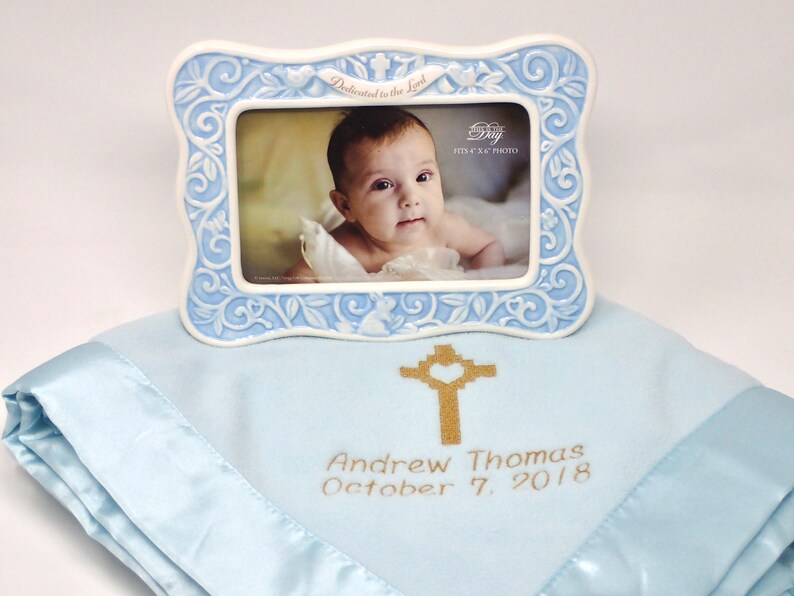 Christening GIFT BLUE Dedication FRAME Embroidered Personalized Fleece Blanket