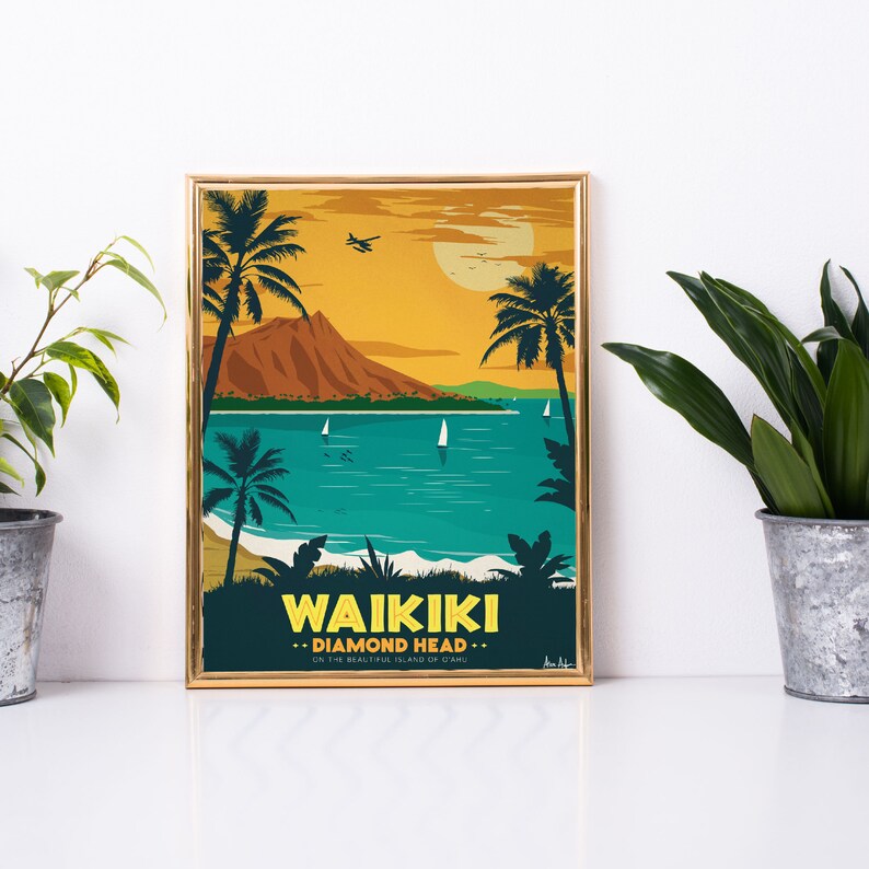 Waikiki Vintage Travel Poster Hawaii Wall Art Retro Hawaii Etsy