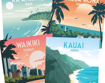 Retro Hawaii Landmarks Coasters • Vintage Island Art, Kauai Made