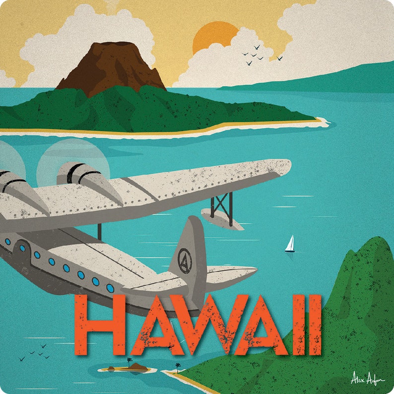 May include: A vintage-style travel poster featuring a silver seaplane flying over turquoise water near a green island with a mountain. The word HAWAII is printed in large orange letters at the bottom. A small sailboat floats on the water.