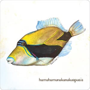 May include: Watercolor painting of a humuhumunukunukuāpuaʻa fish. The fish has a yellow body, black markings, and blue fins. The text "humuhumunukunukuāpuaʻa" is written below the fish.