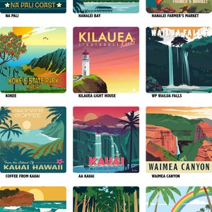 May include: A collage of nine vintage-style travel posters featuring scenic views of Kauai, Hawaii. Each poster highlights a different location on the island, including Na Pali Coast, Hanalei Bay, Kilauea Lighthouse, Wailua Falls, Kokee State Park, Waimea Canyon, Shipwrecks Beach, Tunnel of Trees, and Poipu Beach.