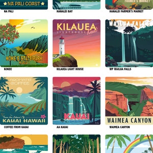 Retro Kauai Hawaii Drink Coasters, Napali Coast, Hanalei, Poipu Beach, Choose your own set Tiki Bar Coasters