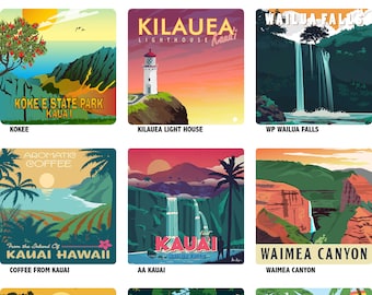 Retro Kauai Hawaii Drink Coasters, Napali Coast, Hanalei, Poipu Beach, Choose your own set Tiki Bar Coasters