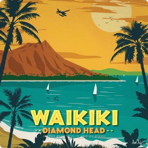 May include: A vintage-style travel poster illustration of Waikiki and Diamond Head on the island of O'ahu. The scene features a turquoise ocean with sailboats, palm trees, a mountain, a seaplane, and the text WAIKIKI DIAMOND HEAD ON THE BEAUTIFUL ISLAND OF O'AHU.