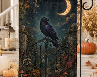 Raven Garden Flag, Gothic Halloween Yard Flag, Celestial Moon Outdoor Decor, Dark Cottagecore Garden Banner, Raven Lover Gift