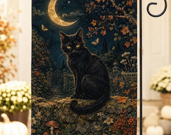 Black Cat Garden Flag, Halloween Yard Flag, Crescent Moon Outdoor Decor, Witchy Dark Cottagecore Porch Banner, Cat Lover Gift
