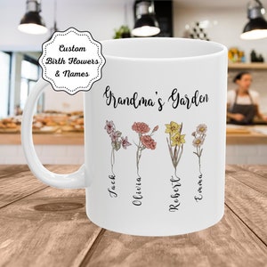 Muttertagsgeschenk für Oma, Omas Garten personalisierte Geburtsblume, benutzerdefinierter Name und Geburtsblumentasse