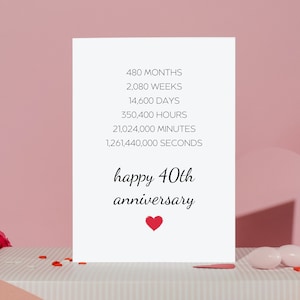 Carte 40e anniversaire, Cadeaux 40e anniversaire pour mari, Cadeaux 40e anniversaire pour femme, 40 ans de mariage, 40e année de mariage
