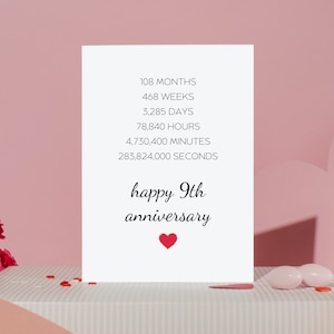 Tarjeta del noveno aniversario, regalos del noveno aniversario para el esposo, regalos del noveno aniversario para la esposa, 9 años de matrimonio, 9.º año de matrimonio