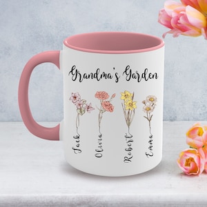 Oma Geschenk für Muttertag, Omas Garten personalisierte Geburtsblumenfarbe Tasse, benutzerdefinierter Name und Geburtsblumenakzentbecher