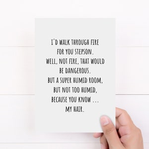 Stiefzoonkaart, grappige kaart voor stiefzoon, ik zou voor je door het vuur lopen stiefzoon, gevouwen 5x7 witte kaart