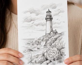 Personalized Lighthouse Card, Custom Anniversary Card, Romantic Card for Couple, Wedding Gift Card, Coastal Beach Card for Him Her