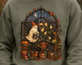 Haunted Greenhouse Sweatshirt, Cute Ghost Plant Lover Crewneck, Spooky Gardener Halloween Sweater, Botanical Fall Gift