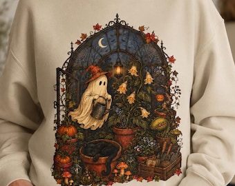 Haunted Greenhouse Sweatshirt, Cute Ghost Plant Lover Crewneck, Spooky Gardener Halloween Sweater, Botanical Fall Gift