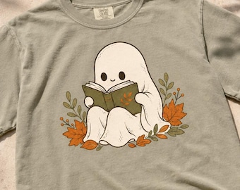 Cute Ghost Reading Book Shirt, Cozy Autumn Ghost T-Shirt, Fall Bookish Halloween Shirt, Cottagecore Halloween Tee, Gift for Book Lover