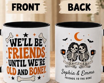 Personalized Best Friend Mug, Skeleton Besties Halloween Gift, Custom Name Mug for Her, Funny BFF Coffee Cup, 11oz 15oz