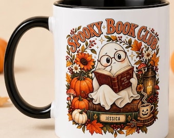 Personalized Ghost Reading Mug, Custom Name Halloween Mug, Spooky Book Club Coffee Cup, Book Lover Gift, Librarian Teacher Gift