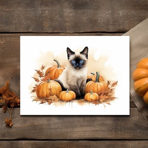 Carte chat siamois avec citrouilles pour les amoureux des chats en automne, carte d'Halloween vierge à l'intérieur, carte pliée 5 x 7