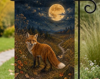Harvest Moon Fox Garden Flag, Halloween Yard Flag, Autumn Woodland Outdoor Decor, Cottagecore Fall Porch Flag, Fox Lover Gift