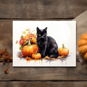 Carte chat noir avec citrouilles pour les amoureux des chats en automne, carte d’Halloween vierge à l’intérieur, carte pliée 5x7