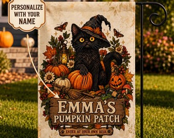Personalized Halloween Garden Flag, Custom Name Black Cat Pumpkin Patch Yard Flag, Double Sided Fall Outdoor Decor