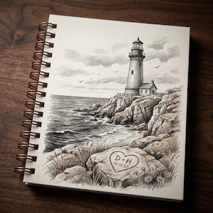 May include: Spiral-bound notebook with a pencil sketch of a lighthouse on a rocky coastline. The drawing includes a small house, ocean waves, and a rock with a heart, initials "D+H" and the date "01.15.25".