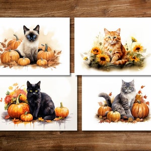 Carte de vœux pour chats d’automne, carte de chat d’Halloween, ensemble de cartes d’automne pour Halloween, carte de vœux pour les amoureux des chats, jolie carte d’Halloween