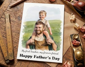Custom Watercolor Father's Day Card, Personalised Photo Portrait Card, Card for Dad from Kids, Unique Dad Birthday Card, Gift for Him