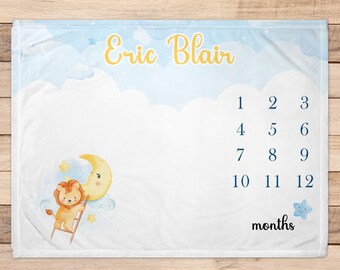 Personalisierte Löwe Meilenstein Decke für Baby individuelle Name Decke für Baby Jungen maßgeschneiderte monatliche Decke für Baby erstes Jahr Geschenk für Jungen