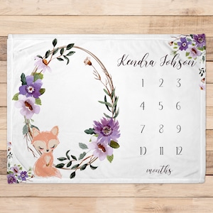 Personalized fox milestone blanket for baby custom name blanket to baby customized monthly blanket for baby fox nursery decor for infant