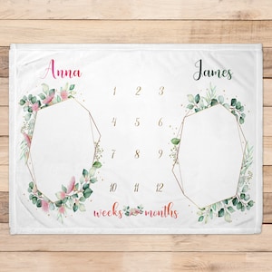 Personalized floral milestone blanket for twins custom name blanket for babies customized monthly blanket for twin floral nursery gift