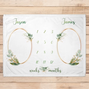 Twin Babies Blanket, Twin Boys Blanket, Personalized Baby Name Blanket, Baby Shower Gift, Christmas gift for kid, Milestone Blanket for Twin