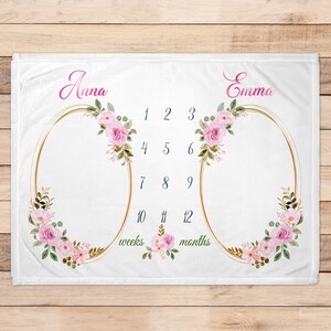 Personalized floral milestone blanket for twins custom name blanket for babies customized monthly blanket for twin nursery gift for twins