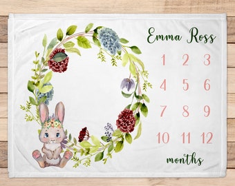 Personalized bunny milestone blanket for baby custom name baby blanket customized monthly blanket for baby floral nursery theme for infant