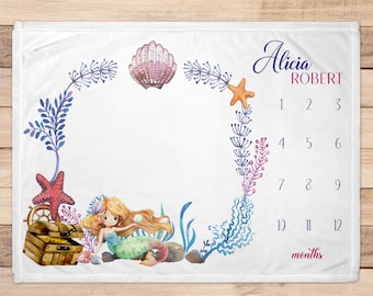 Personalized mermaid milestone blanket for baby custom name baby blanket customized monthly blanket for baby little mermaid nursery theme