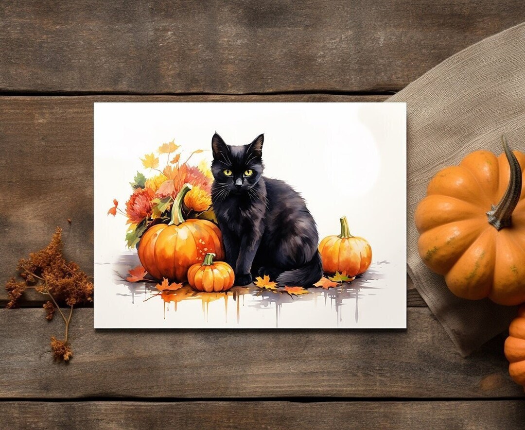 Black Cat With Pumpkins Card for Cat Lovers in Fall Card for Halloween ...