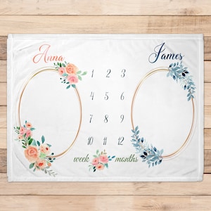 Personalized milestone blanket for twins custom name blanket for babies customized monthly blanket for twin nursery gift for multiples