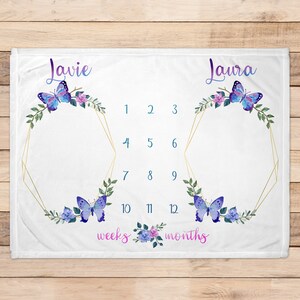 Twin Babies Blanket, Butterfly Blanket, Personalized Baby Name Blanket, Baby Shower Gift, Christmas gift for kid, Milestone Blanket for Twin