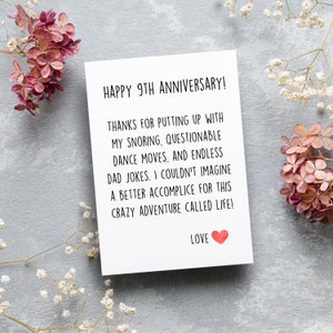 Tarjeta del noveno aniversario, regalos del noveno aniversario para el esposo, regalos del aniversario de 9 años para la esposa, 9 años de matrimonio, matrimonio del noveno año