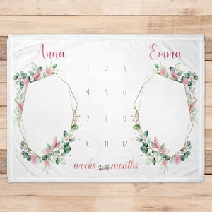 Personalized floral milestone blanket for twins custom name blanket for babies customized monthly blanket for twin nursery gift for twins
