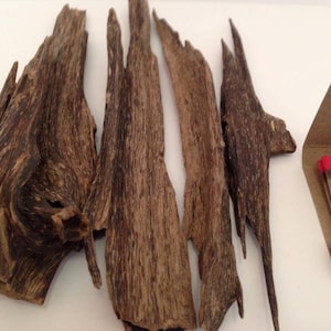 Peut inclure: Gros plan sur plusieurs morceaux de bois brun foncé à la surface rugueuse et texturée. Les morceaux de bois sont de forme irrégulière, avec des bords dentelés. Une petite boîte d'allumettes aux bouts rouges est également visible.