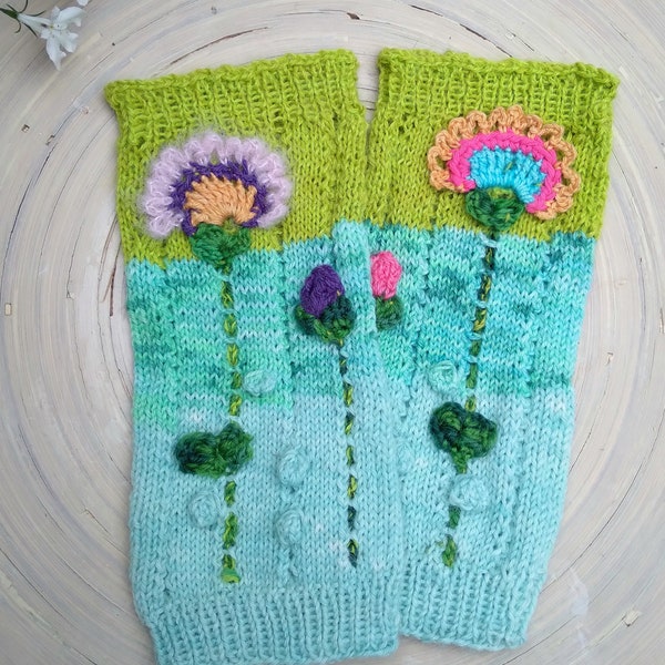 Hand knitted wrist warmers hand warmers crochet flowers alpaca