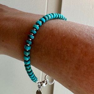 4.5mm Kingman Arizona Navajo Turquoise Heishi Bracelet, Traditional Southwestern Beaded Sterling Silver Everyday Minimalist Boho Bracelet