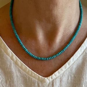 This classic necklace is made with high quality genuine AAA grade 4mm natural blue Arizona turquoise rondelle beads. The simple design is an inspiration of Southwestern charm, worthy of any occasion.